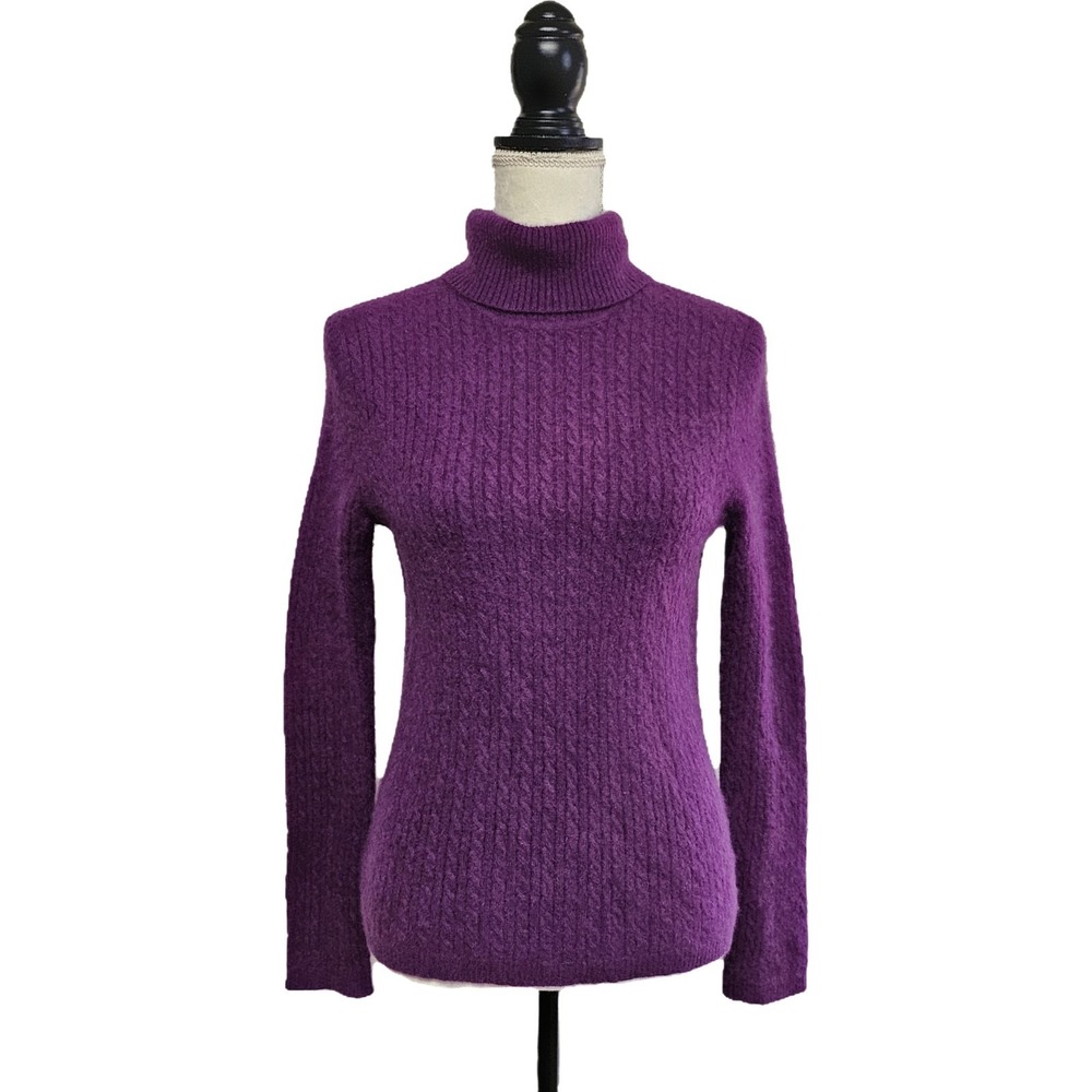 Anne Klein Sport 100% Cashmere Purple Cable Knit Turtleneck Sweater Size L‎